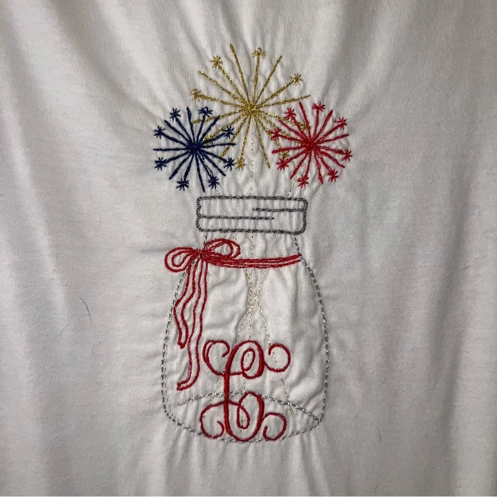 $5 Add On C Monogram White Tee with Embroidered Fireworks Design